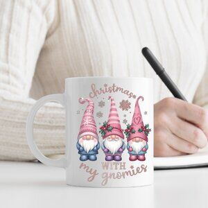 🎄 Christmas Pink Mug – Three Gnomes, Gingerbread & Snowflakes 11oz Ceramic